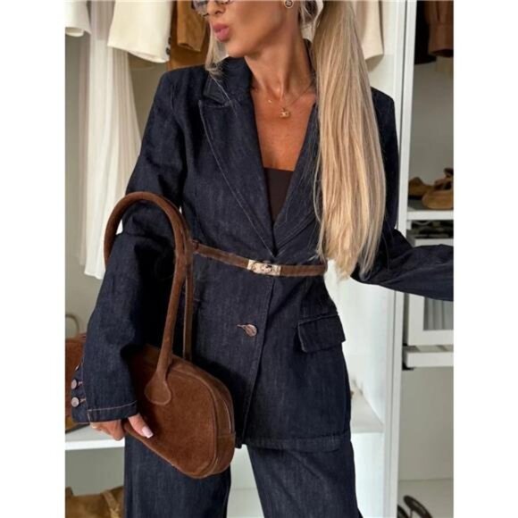 Single-Breasted Washed Denim Blazer - Picture 4 of 5